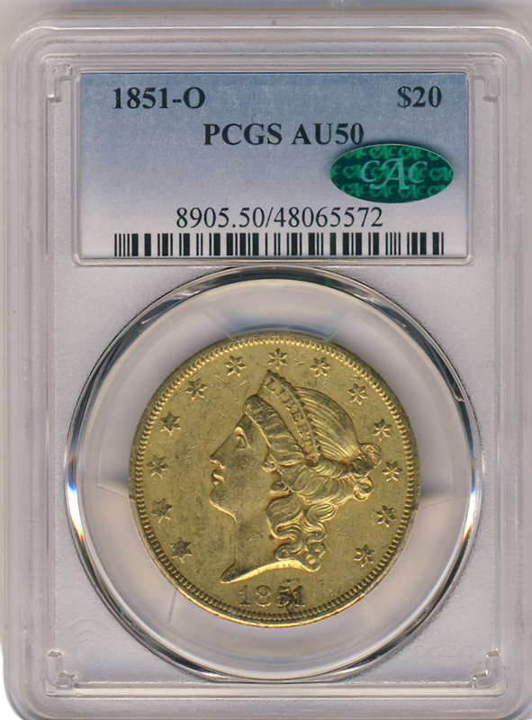 1851-O $20 Liberty PCGS AU50 CAC