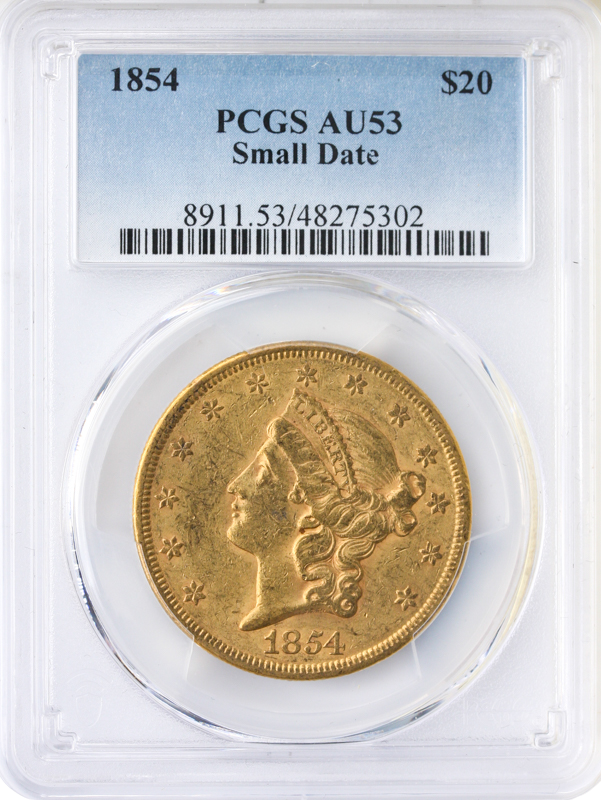 1854 $20 Liberty Small Date PCGS AU53