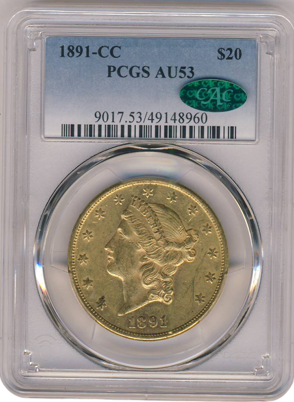 1891-CC $20 Liberty PCGS AU53 CAC