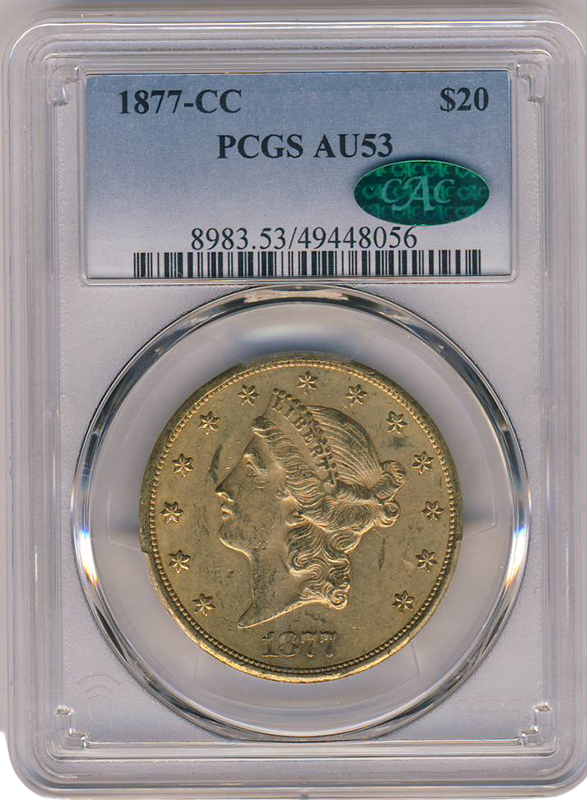 1877-CC $20 Liberty PCGS AU53 CAC