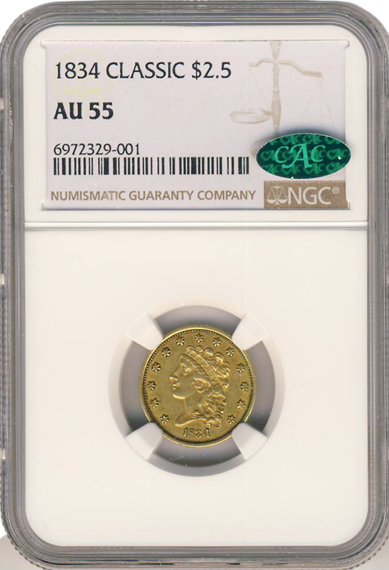 1834 $2 1/2 Classic NGC AU55 CAC