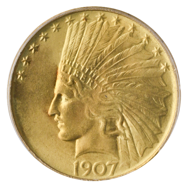 1907 No Motto $10 Indian Gold Coin PCGS Mint State 66(MS66) CAC