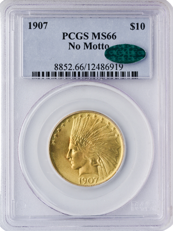 1907 No Motto $10 Indian Gold Coin PCGS Mint State 66(MS66) CAC