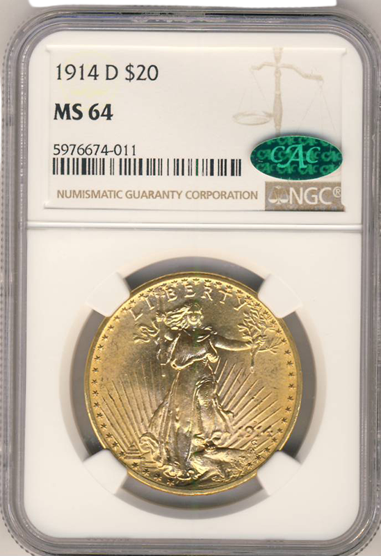 1914-D $20 Saint Gaudens NGC MS64 CAC