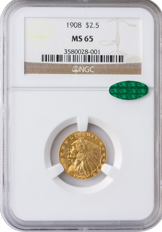 1908 $2 1/2 Indian NGC MS65 CAC