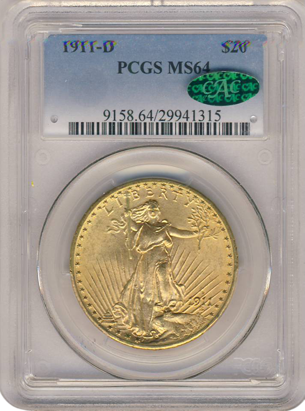 1911-D $20 Saint Gaudens PCGS MS64 CAC