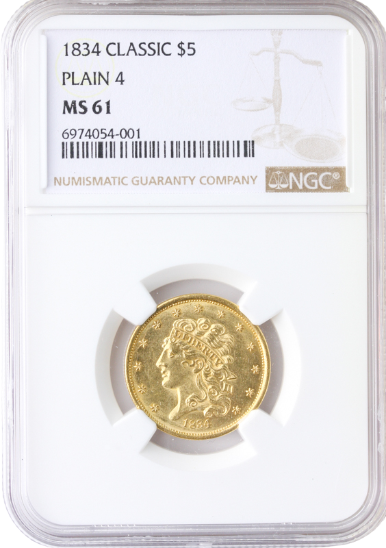 1834 $5 Classic Plain 4 NGC MS61