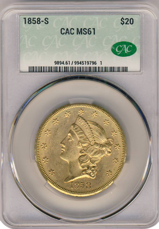 1858-S $20 Liberty CACG MS61