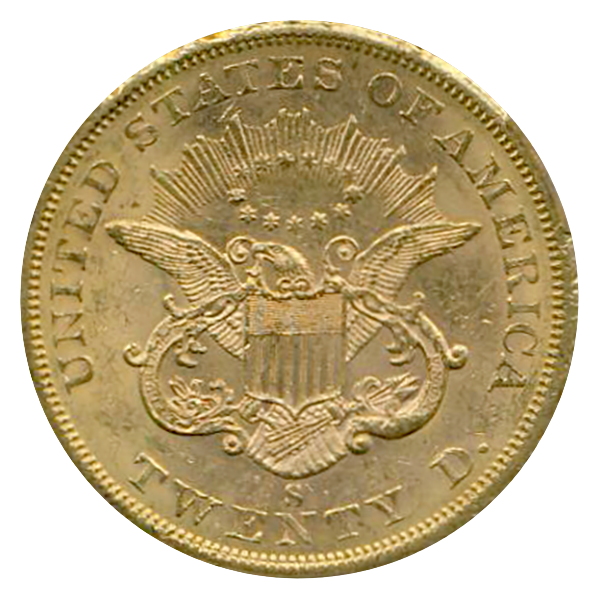 1858-S $20 Liberty CACG MS61