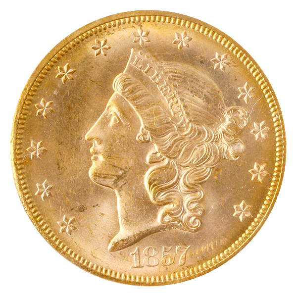 1857-S $20 Liberty Gold S.S.C.A. PCGS MS63