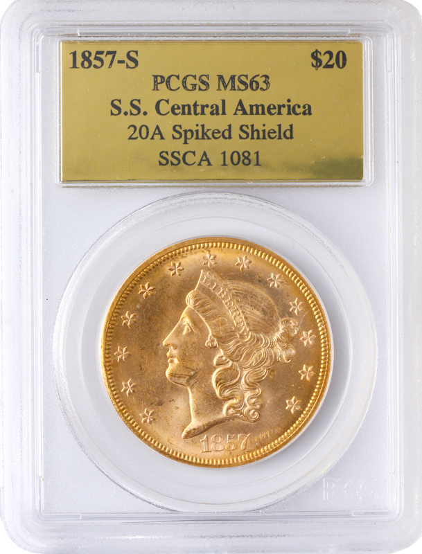 1857-S $20 Liberty Gold S.S.C.A. PCGS MS63