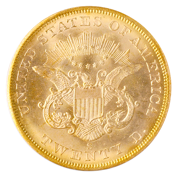 1857-S $20 Liberty Gold S.S.C.A. PCGS MS63