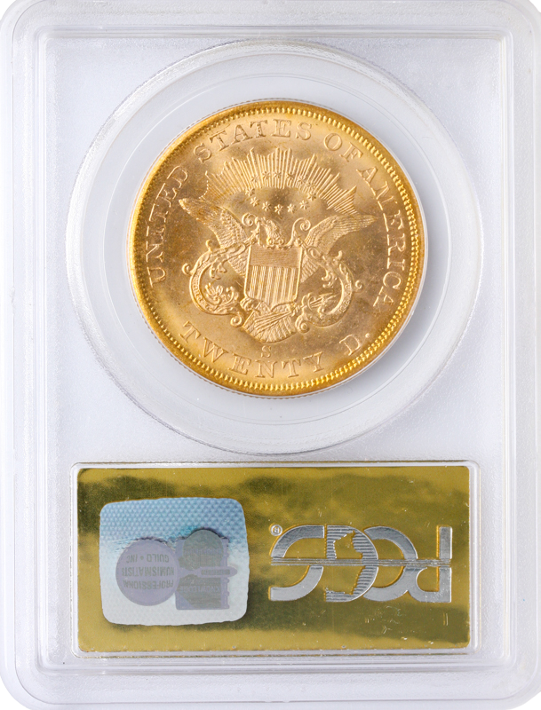 1857-S $20 Liberty Gold S.S.C.A. PCGS MS63