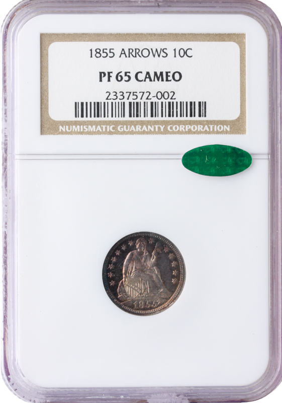 1855 Seated Liberty Dime Arrows PCGS PR65 CAC