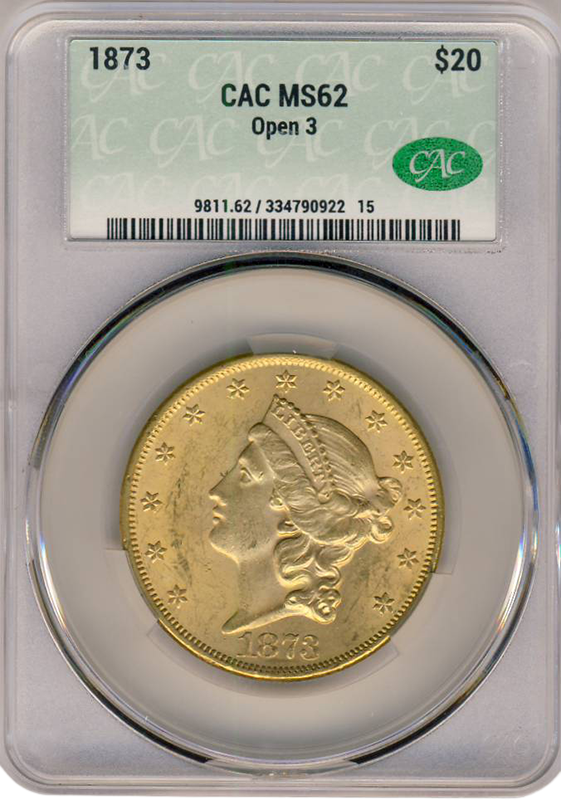 1873 $20 Liberty Open 3 PCGS CACG MS62