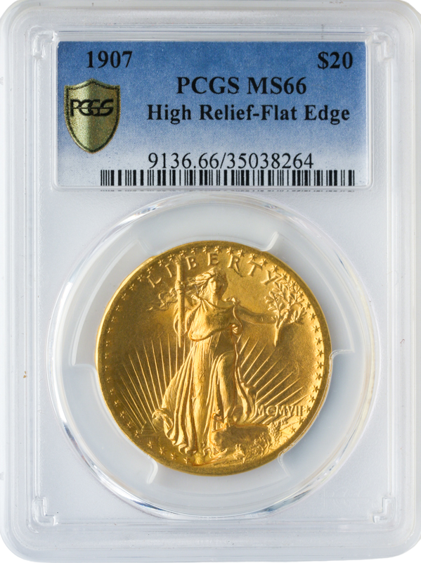 1907 $20 Saint Gaudens Flat Edge High Relief PCGS MS66