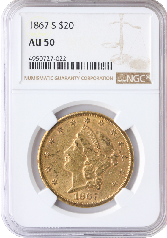 1867-S $20 Liberty NGC AU50