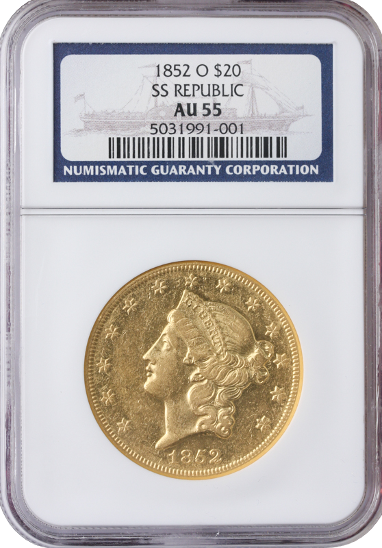 1852-O $20 LIBERTY SS REPUBLIC NGC AU55