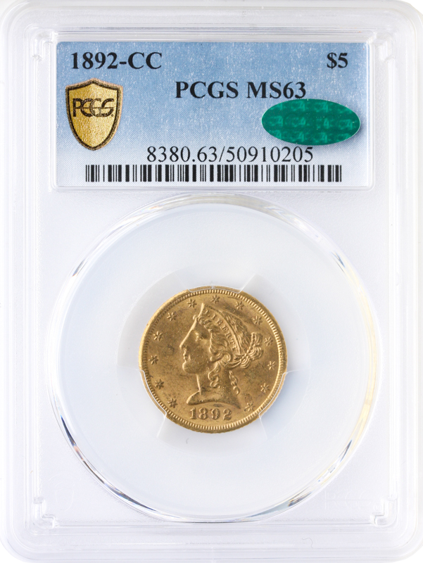 1892-CC $5 Liberty PCGS MS63 CAC