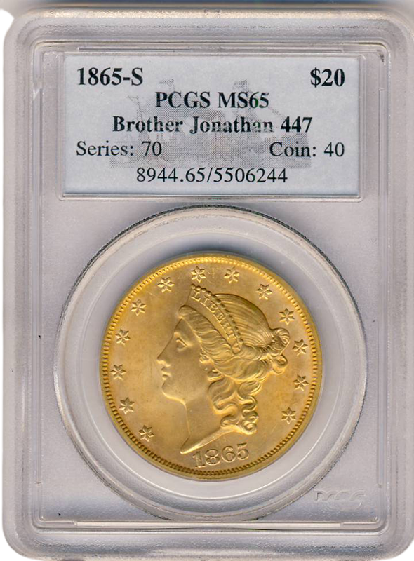 1865-S $20 Liberty Brother Jonathan PCGS MS65