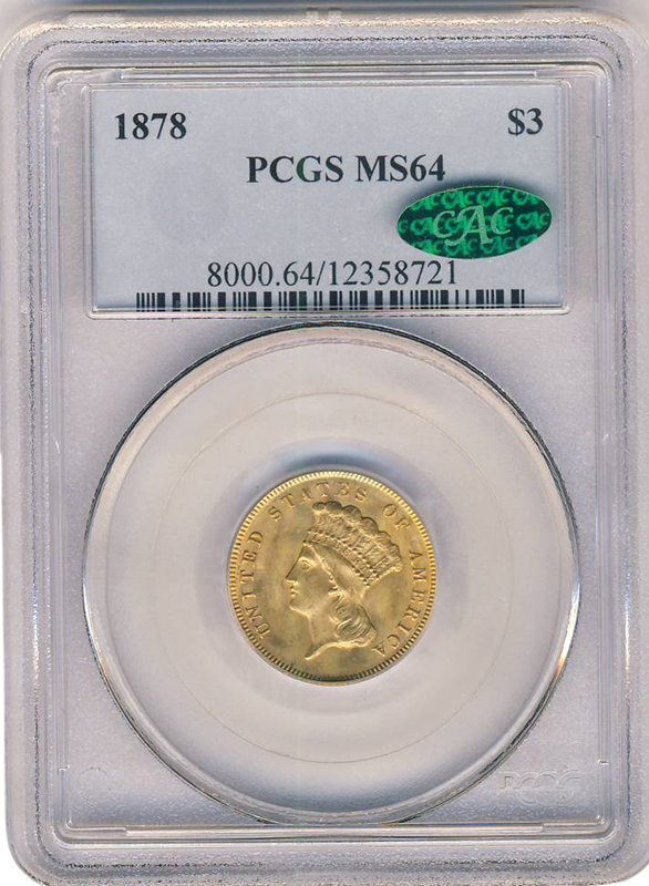 1878 $3 Indian Princess Gold Coin PCGS Mint State 64(64) CAC