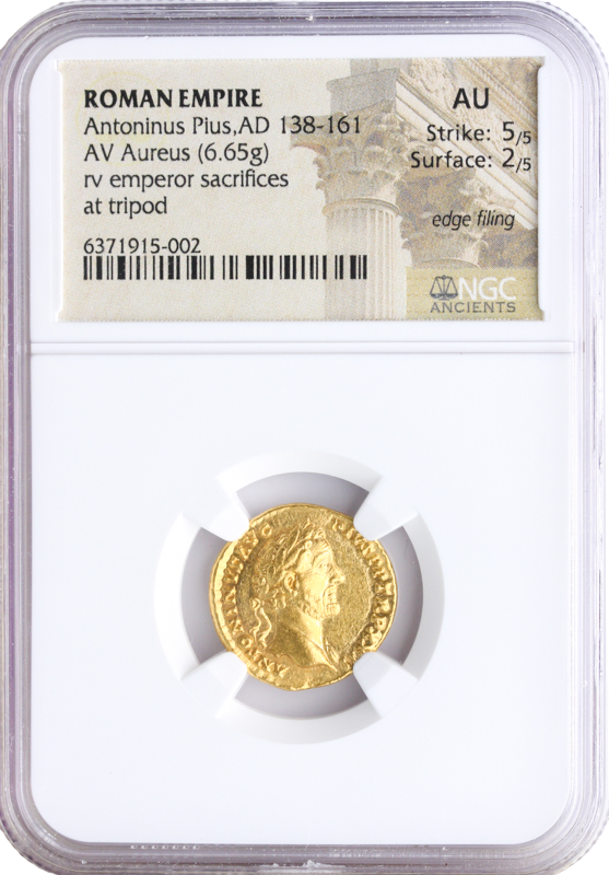 Roman Empire Antoninus Pius Aureus NGC Str:5 Srf:2 6.65g Edge Filing