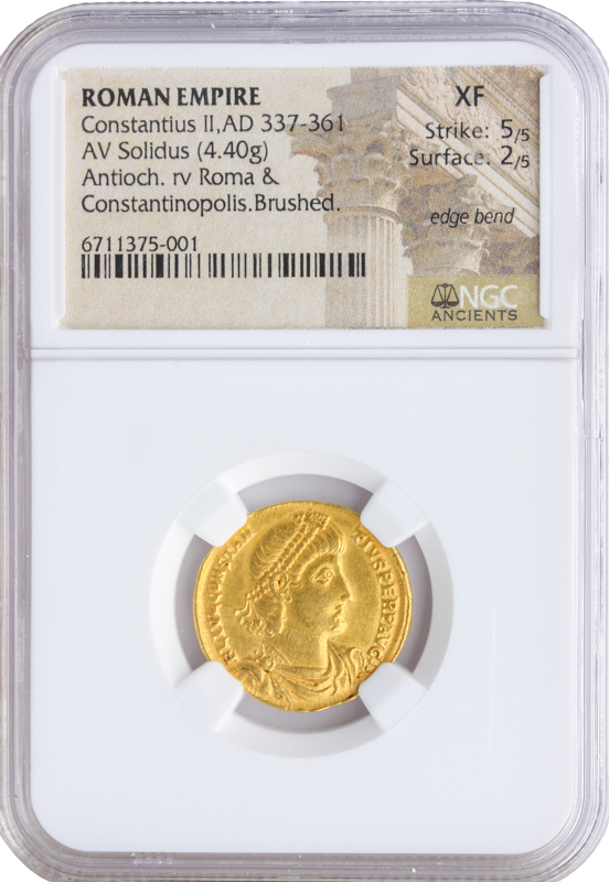 Roman Empire Constantius Solidus NGC XF Strike:5 Surface:2 4.4g Brushed Edge Bend