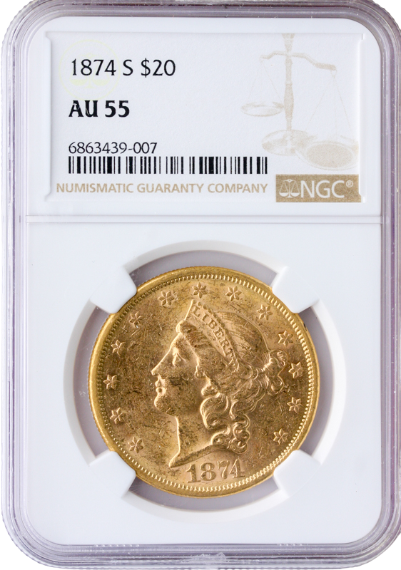 1874-S $20 Liberty NGC AU55