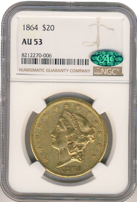 1864 $20 Liberty NGC AU53 CAC