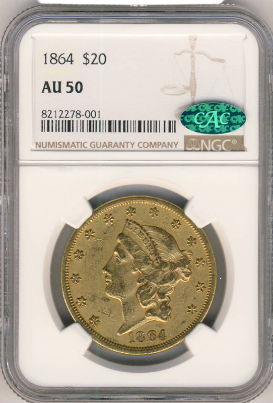 1864 $20 Liberty NGC AU50 CAC