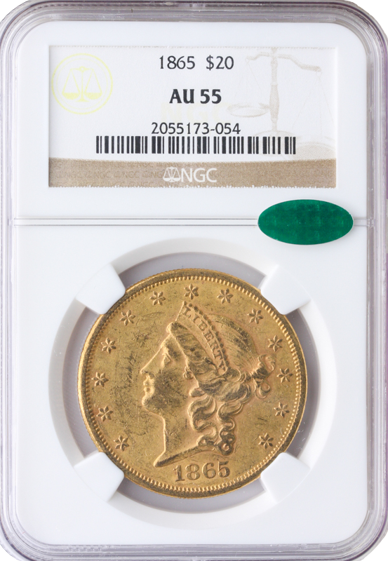 1865 $20 Liberty NGC AU55 CAC