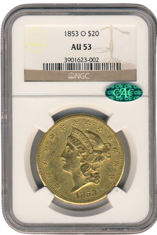 1853-O $20 Liberty NGC AU53 CAC