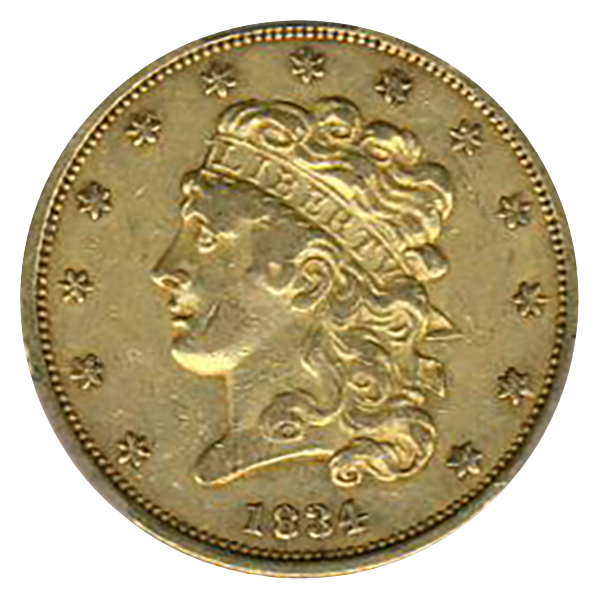 1834 $5 Classic Plain 4 CACG AU53