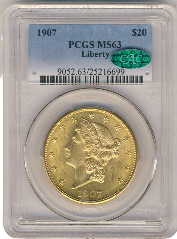 1907 $20 Liberty PCGS MS63 CAC