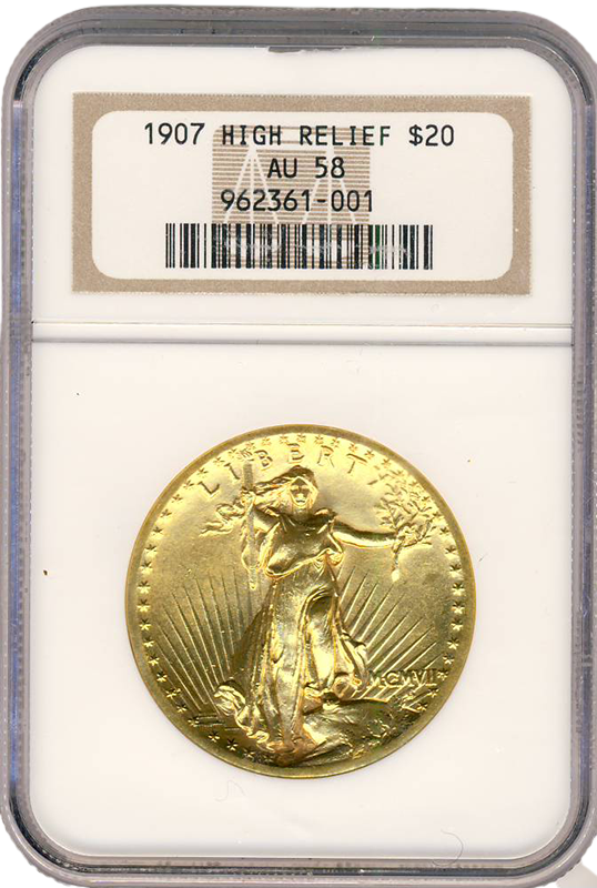 1907 $20 Saint Gaudens High Relief Wire Edge NGC AU58