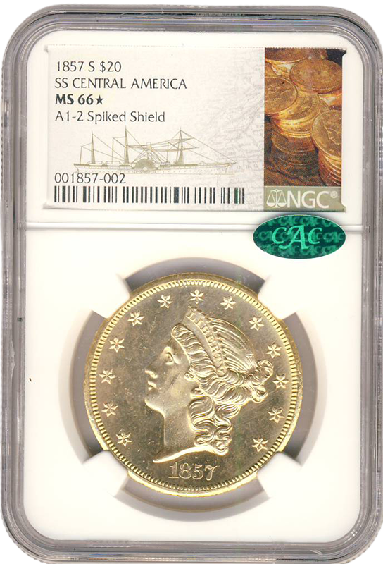 1857-S $20 Liberty SSCA NGC MS66 CAC