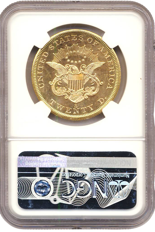 1857-S $20 Liberty SSCA NGC MS66 CAC