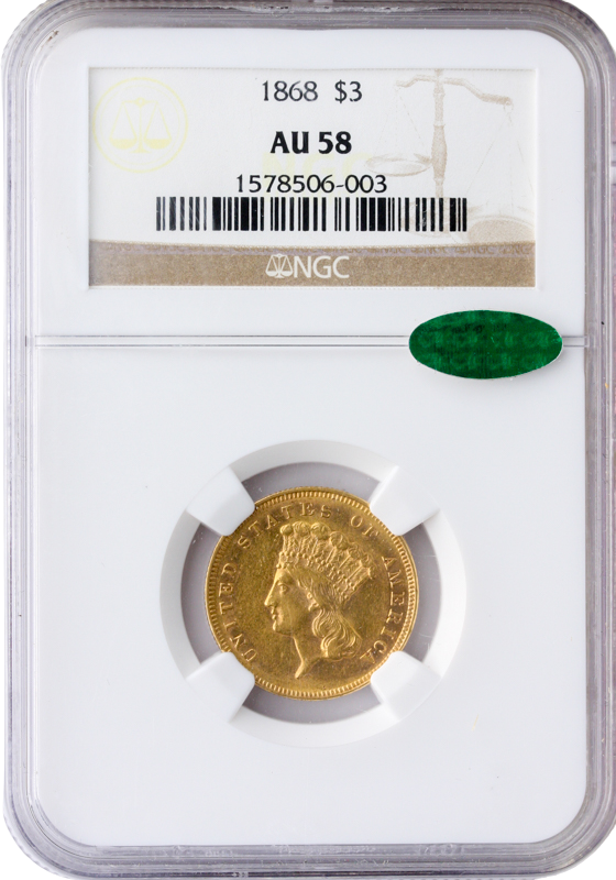 1868 $3 Indian Princess NGC AU58 CAC