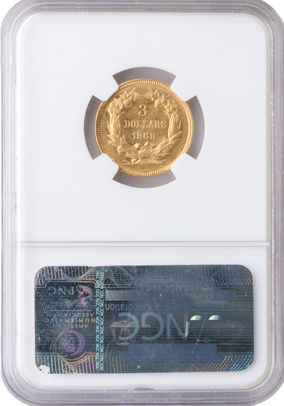 1868 $3 Indian Princess NGC AU58 CAC