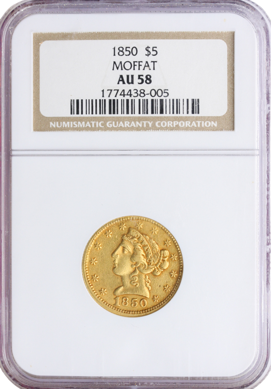 1850 $5 Moffat NGC AU58