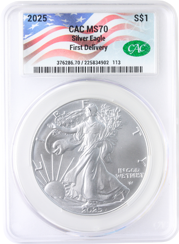 2025 1 oz Silver American Eagle CACG MS70 First Delivery - Flag Slab