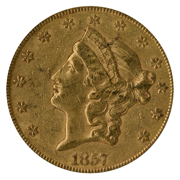 1857-S $20 Liberty NGC AU53 CAC