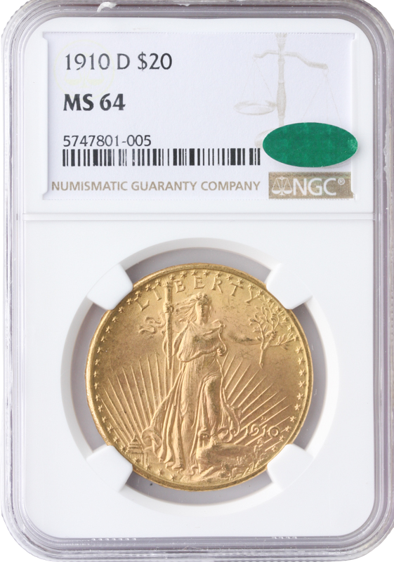 1910-D $20 Saint Gaudens NGC MS64 CAC