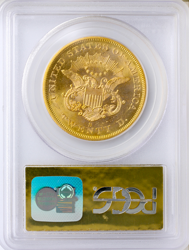 1856-S $20 Liberty SSCA Full Serif S Tilted Right PCGS MS62 CAC