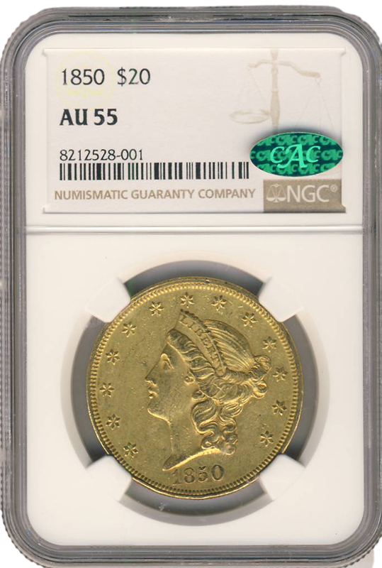 1850 $20 Liberty NGC AU55 CAC