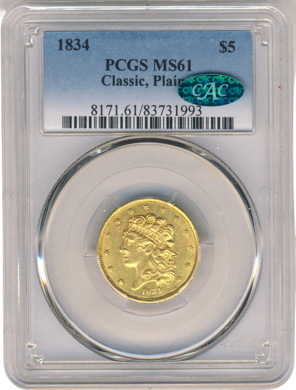 1834 $5 Classic Head PCGS MS61