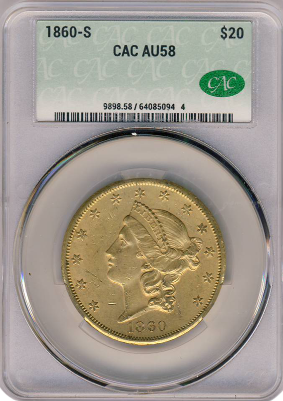 1860-S $20 Liberty CACG AU58