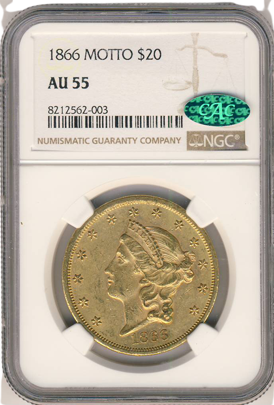 1866 $20 Liberty Type 2 NGC AU55 CAC